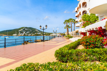 Coastal walkway along sea in Santa Eularia town on Ibiza island, Spain