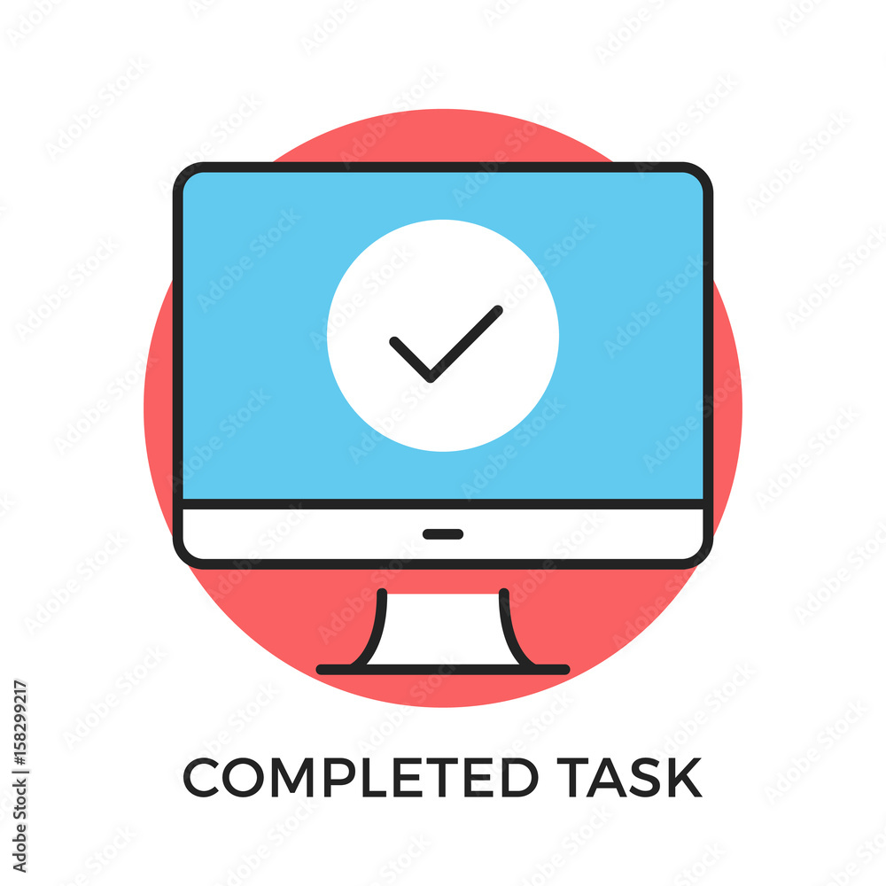 Poster completed task icon. computer with checkmark on screen. modern flat design thin line concepts and el
