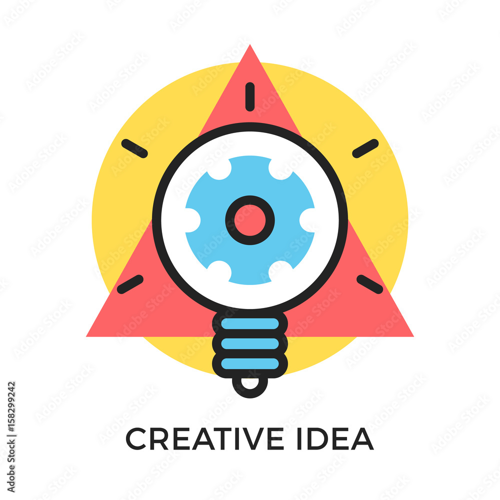 Poster creative idea icon. glowing light bulb with gear inside and geometric shapes, round circle and trian