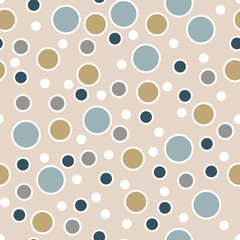 Abstract seamless pattern with randomly dots. Background with different circles. Messy white, blue, gold bubbles with white outline on beige. Dotted texture. Vector illustration.