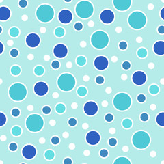 Abstract seamless pattern with randomly dots. Blue background with different circles. Messy white, blue bubbles with white outline on blue. Dotted texture.  Vector illustration.