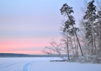 Obraz premium Winter landscape at sunset.