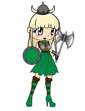 Chibi Teenager im Wikinger Stil mit Axt und Schild