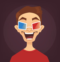 Excited happy smiling man boy teen character watching movie in cinema. Vector flat cartoon illustration