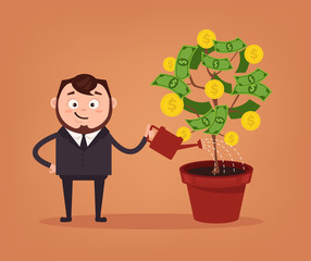 Happy smiling businessman office worker character mascot watering big money tree. Successful business. Vector flat cartoon illustration