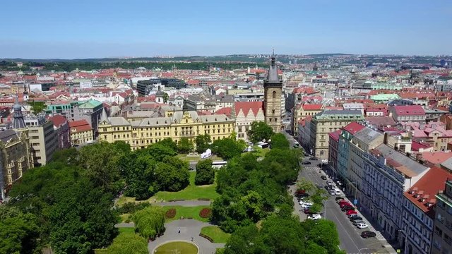 Beautiful aerial view of the park in Prague. Flying through the city.