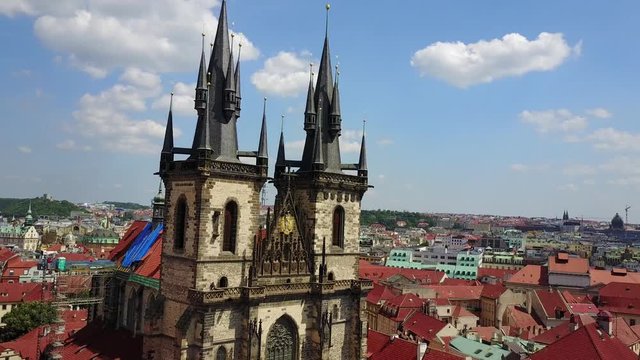 Beautiful aerial panoramic view of the Church of Our Lady before Tyn on Old Town Square of Prague Kostel Panny Marie Pred Tynem