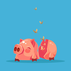 Broken empty piggy bank. No money. Financial crisis. Vector flat cartoon illustration