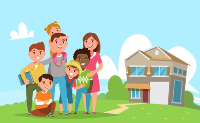 Obraz na płótnie Canvas Big international family with adopted child standing together in the background of his family house. Vector illustration flat style