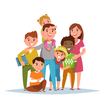 Big international family with adopted child standing together on white background isolated. Vector illustration flat style