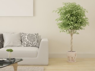 Mock up a bright living room with a compact comfortable sofa on a beige background.