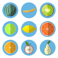 A set of fruit icons in a flat style.