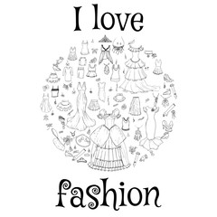 various clothes and accessories in a circle. Inscription I love fashion