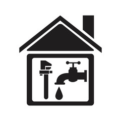 black silhouette house with faucet and wrench element of plumbing vector illustration