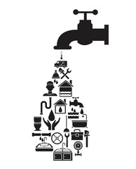 black silhouette house with faucet with drop-shaped plumbing elements vector illustration
