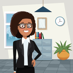color background workplace office half body elegant executive brunette curly woman with glasses vector illustration