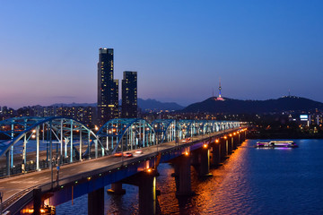 Night view of Dongjak bridge in Seoul, South Korea.
