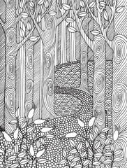 Adult coloring book page design with forest trees