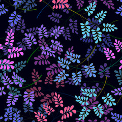 Floral seamless pattern. Different leaves and twigs on a black background.
