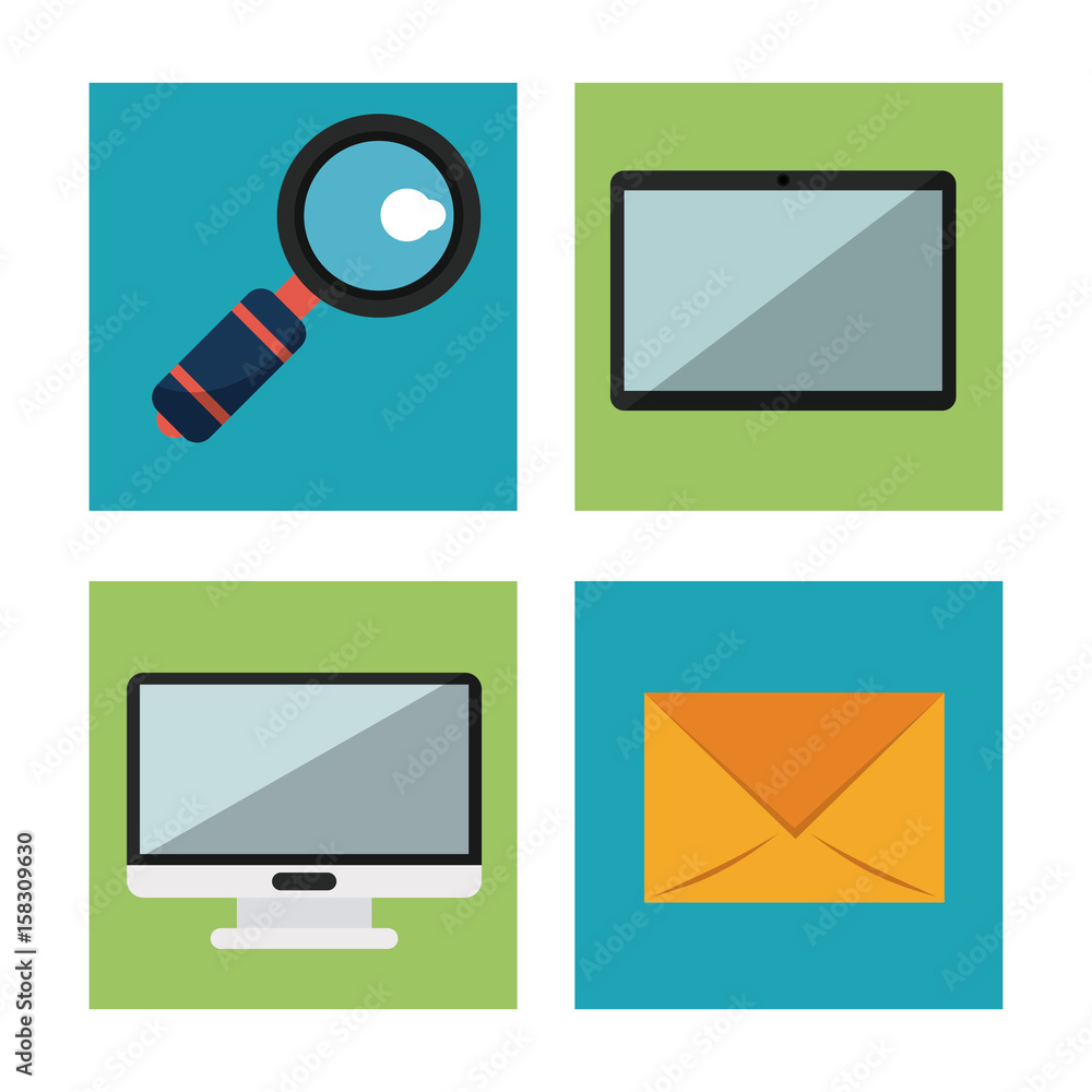 Poster white background with desktop computer and envelope and magnifying glass and tablet in square frames