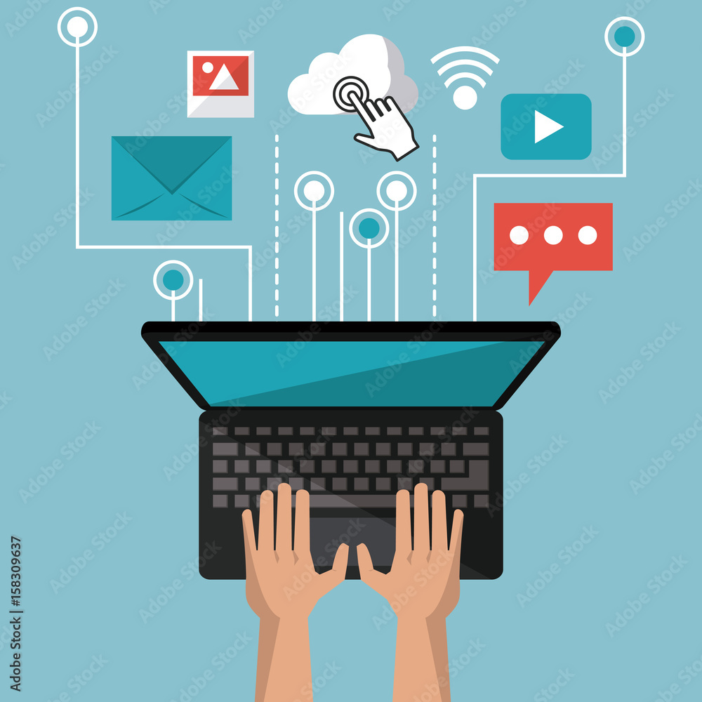 Poster colorful background of laptop computer in top view and link apps icons vector illustration