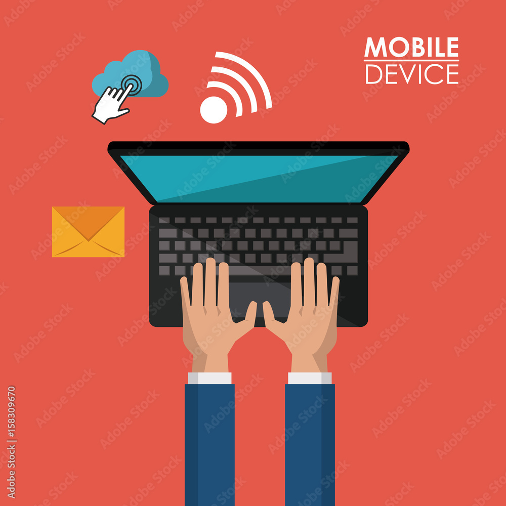 Poster red background poster of mobile device with hands and laptop computer and common icons in top view vector illustration
