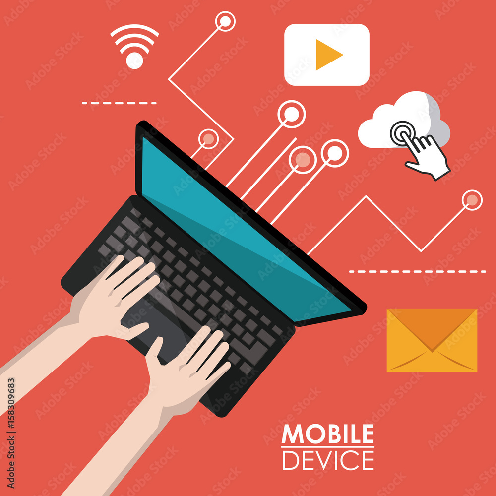Poster red poster mobile device of laptop computer in top view and link to common apps icons vector illustr
