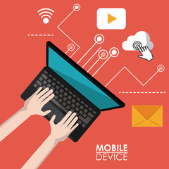 red poster mobile device of laptop computer in top view and link to common apps icons vector illustration