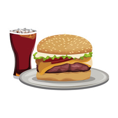 fast food burger cheese sauce and soda with ice vector illustration