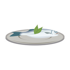 fish with leaves on a plate dinner health food vector illustration