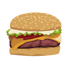 Vector Realistic Hamburger Classic Burger American Cheeseburger with Lettuce Tomato Onion Cheese Beef and Sauce Close up isolated on white Background. Fast Food