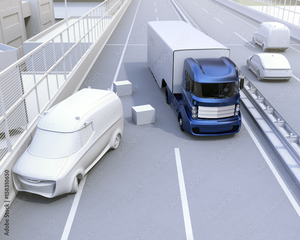 Poster autonomous car changing lane quickly to avoid a traffic accident. concept for driver assistance syst