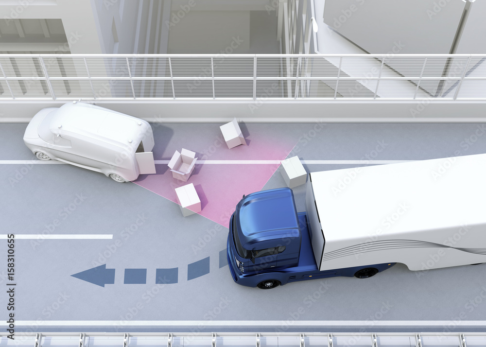 Poster autonomous car changing lane quickly to avoid a traffic accident. concept for driver assistance syst