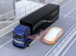 Side view assist system avoid car accident when changing lane. Concept for driver assistance systems. 3D rendering image.