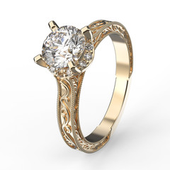 3D illustration rose gold ring with diamonds and  ornament