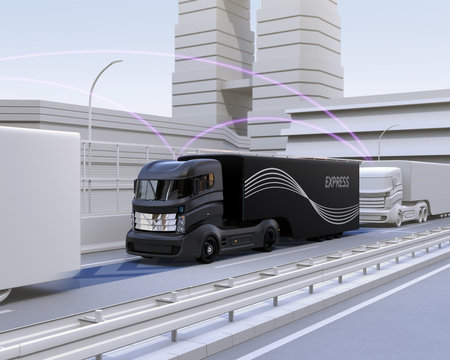 A fleet of autonomous truck driving on highway. Connected cars concept. 3D rendering image.