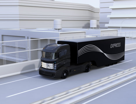 Black autonomous truck driving on highway. 3D rendering image.