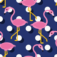 Obraz premium Seamless flamingo pattern with porcelain indigo blue and white polka dot offset background vector