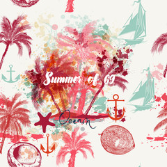 Beautiful tropical vacation pattern with pink palms and grunges. Summer and ocean rest