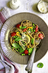 Whole wheat spaghetti with vegetables.Top view.