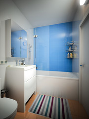 Naklejka na ściany i meble Modern Urban Contemporary Bathroom WC Interior Design with White, Orange and Blue Tiles. 3d rendering
