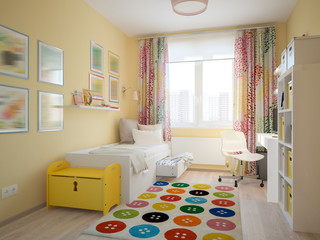 Modern Urban Contemporary Scandinavian Children Room Interior Design Yellow, White and Blue colors. 3d rendering - 158311239