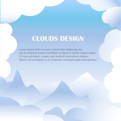 Clouds design blue and white background, mountains silhouette, Lorem Ipsum stock vector illustration