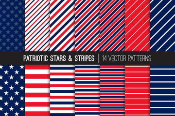 Patriotic Red White Blue Stars & Stripes Vector Patterns. July 4th Independence Day Backgrounds. Diagonal and Horizontal Striped Textures. Variable Thickness Lines. Pattern Tile Swatches Included. - 158311292