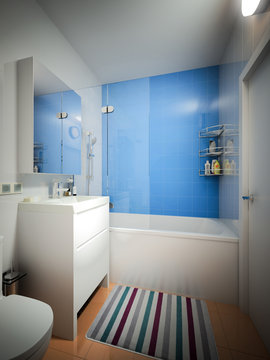 Modern Urban Contemporary Bathroom WC Interior Design with White, Orange and Blue Tiles. 3d rendering