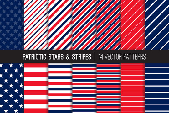 Patriotic Red White Blue Stars & Stripes Vector Patterns. July 4th Independence Day Backgrounds. Diagonal and Horizontal Striped Textures. Variable Thickness Lines. Pattern Tile Swatches Included.