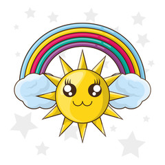 cute sun with over cloud and colorful rainbow vector illustration