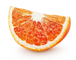 Ripe wedge of blood red orange citrus fruit isolated on white background. Sanguinello blood orange...
