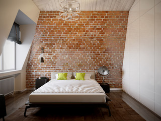Urban Contemporary Modern Scandinavian Loft Bedroom Interior Design With Red Brick Wall. 3d rendering - 158312814