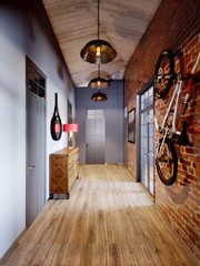 Urban Contemporary Modern Scandinavian Loft Hall Interior Design With Red Brick Wall. 3d rendering - 158312820